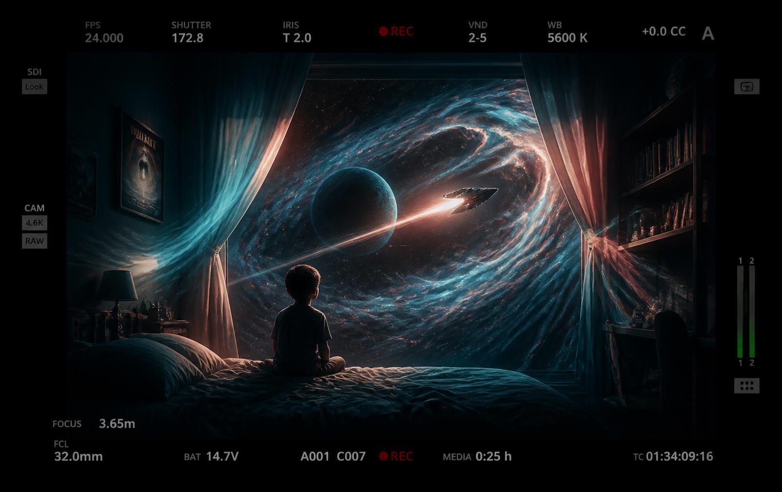 FEYGIO camera viewfinder showing a bedroom window opening onto a floating galaxy